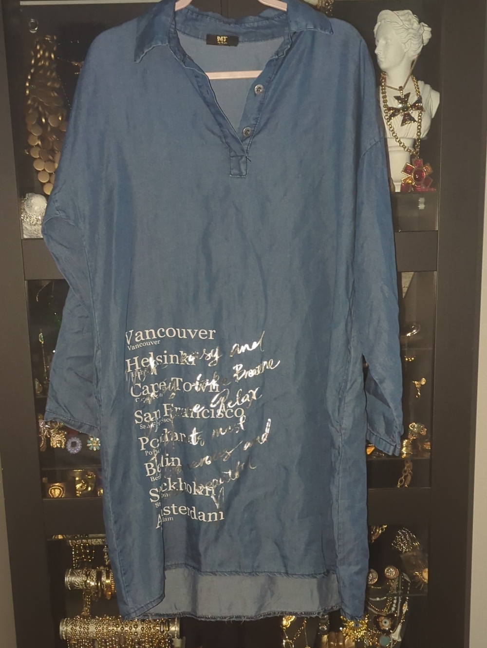 Blue Denim-Look Tunic Dress with City Print